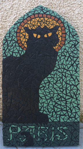 Plaque décorative en mosaïque motif Chat noir inspiré d'Alphonse Mucha